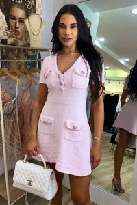 Ottilia Pink Tweed Dress with Crystal Buttons - ALLARA