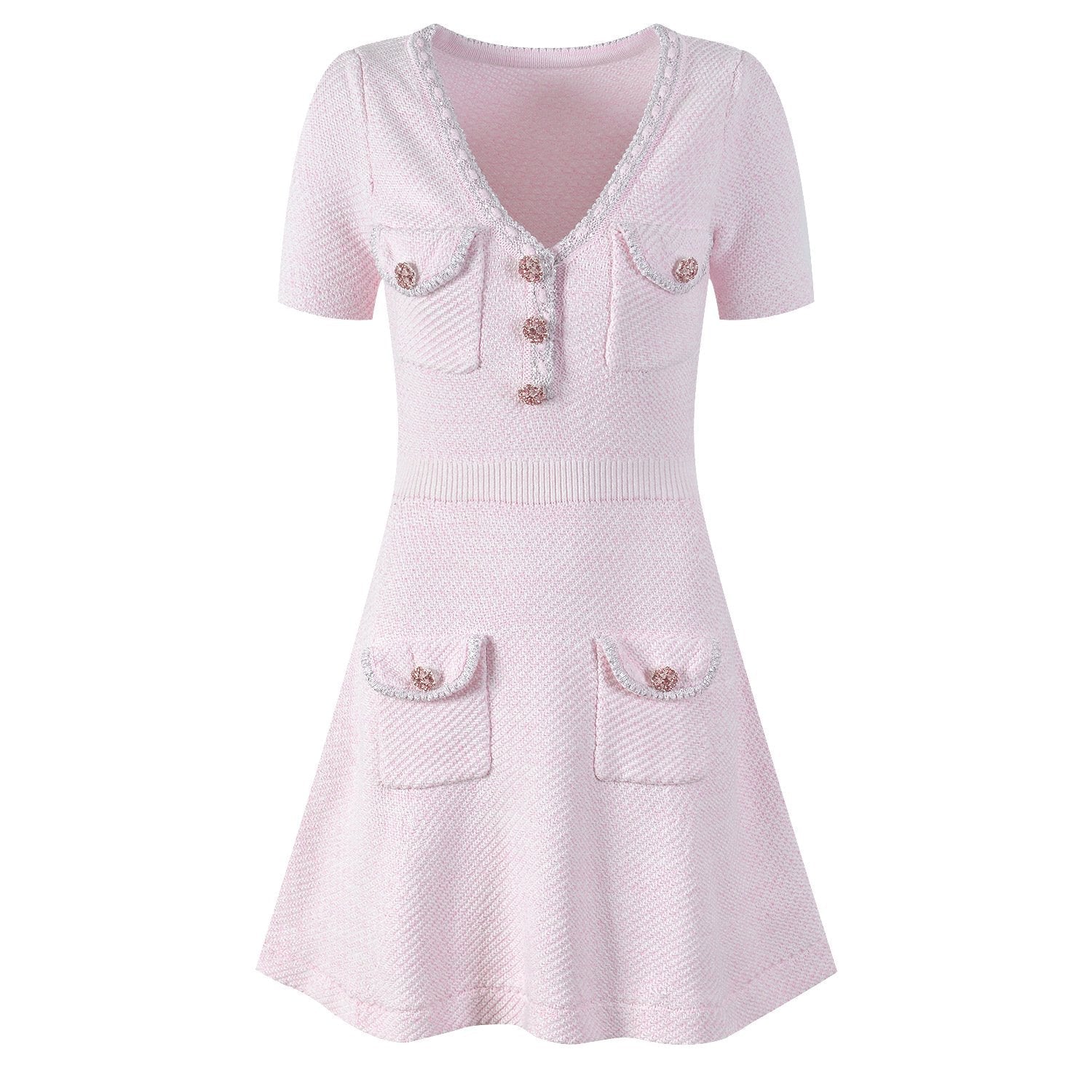 Ottilia Pink Tweed Dress with Crystal Buttons - ALLARA