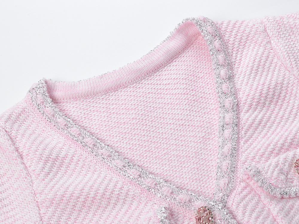 Ottilia Pink Tweed Dress with Crystal Buttons - ALLARA