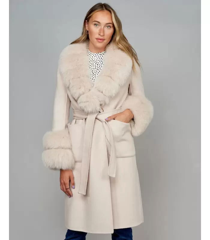 Petra Beige Fox Fur Trim Long Wool Wrap Coat - ALLARA