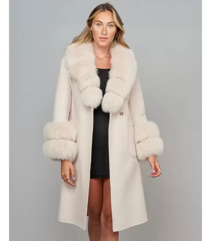 Petra Beige Fox Fur Trim Long Wool Wrap Coat - ALLARA