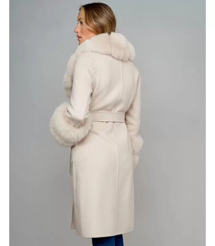 Petra Beige Fox Fur Trim Long Wool Wrap Coat - ALLARA