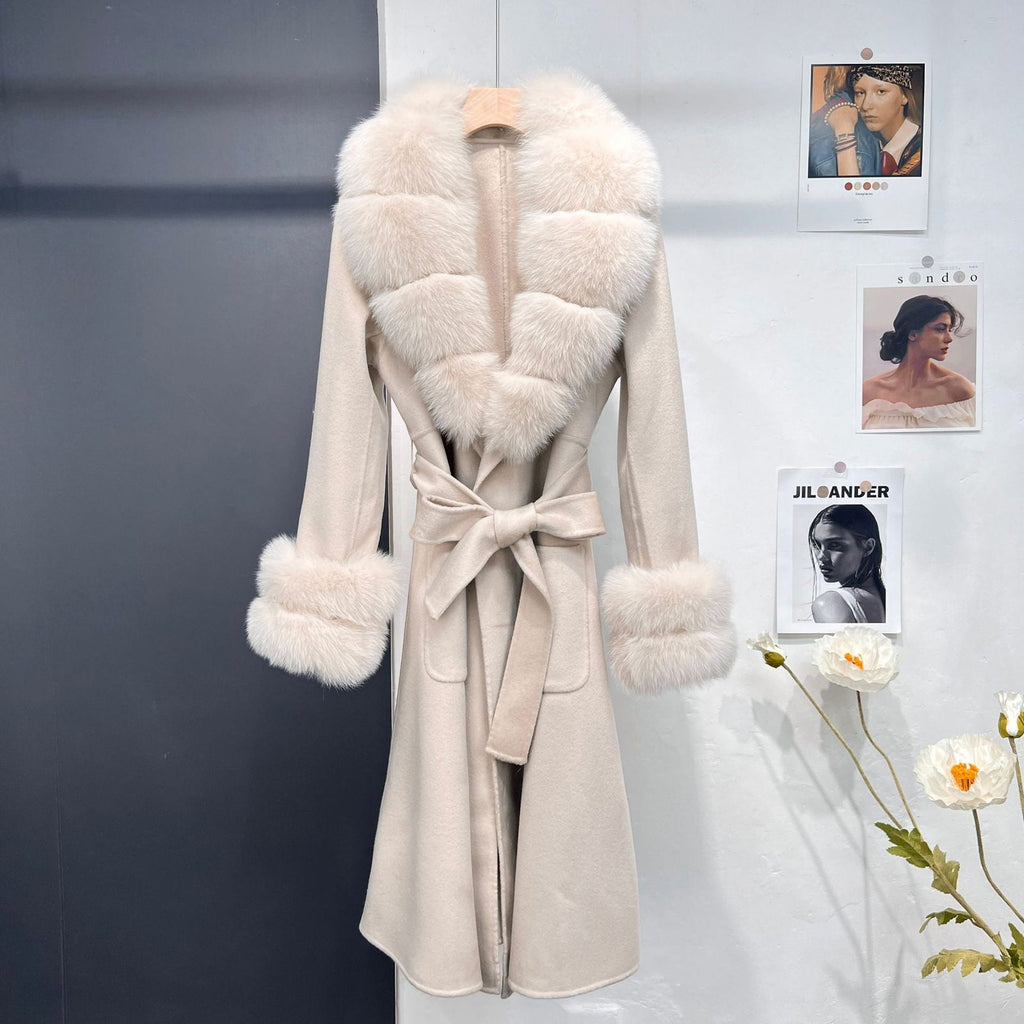 Petra Beige Fox Fur Trim Long Wool Wrap Coat - ALLARA