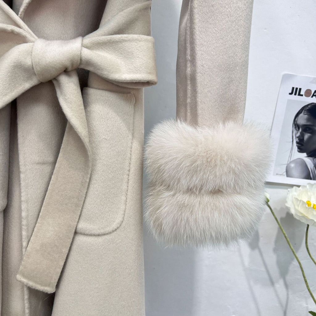 Petra Beige Fox Fur Trim Long Wool Wrap Coat - ALLARA