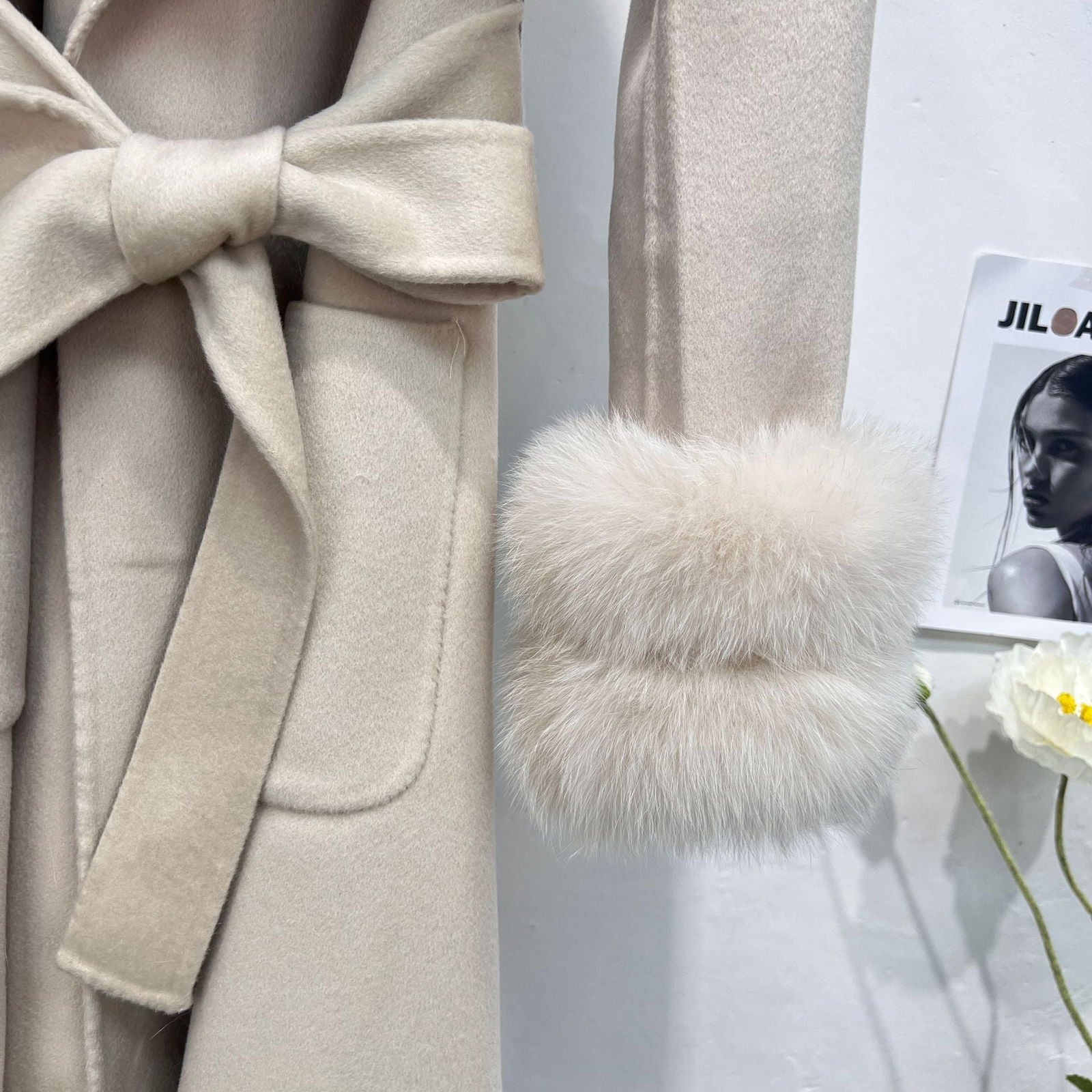 Petra Beige Fox Fur Trim Long Wool Wrap Coat - ALLARA