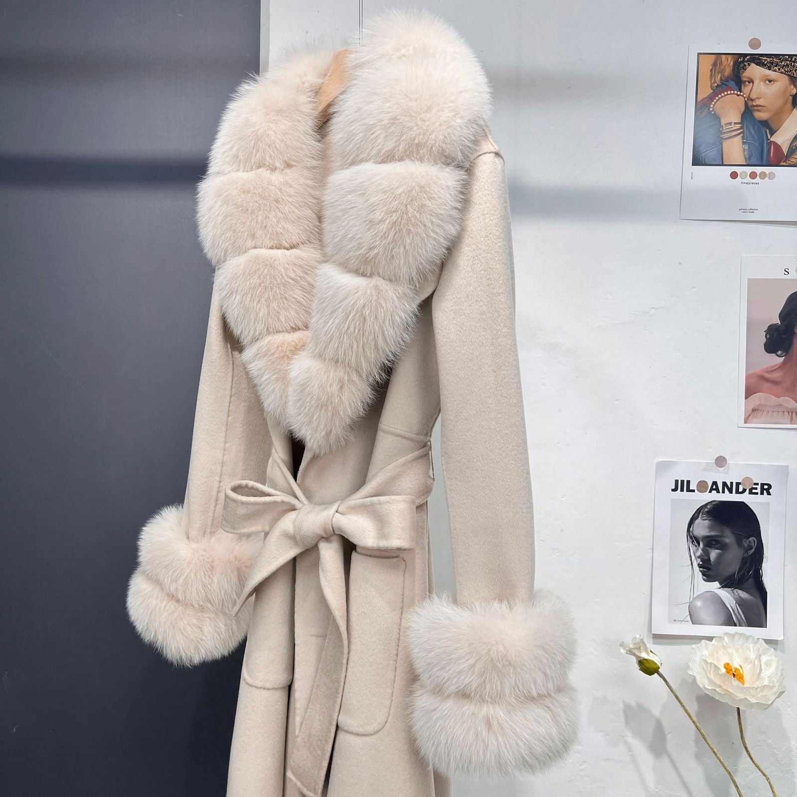 Petra Beige Fox Fur Trim Long Wool Wrap Coat - ALLARA