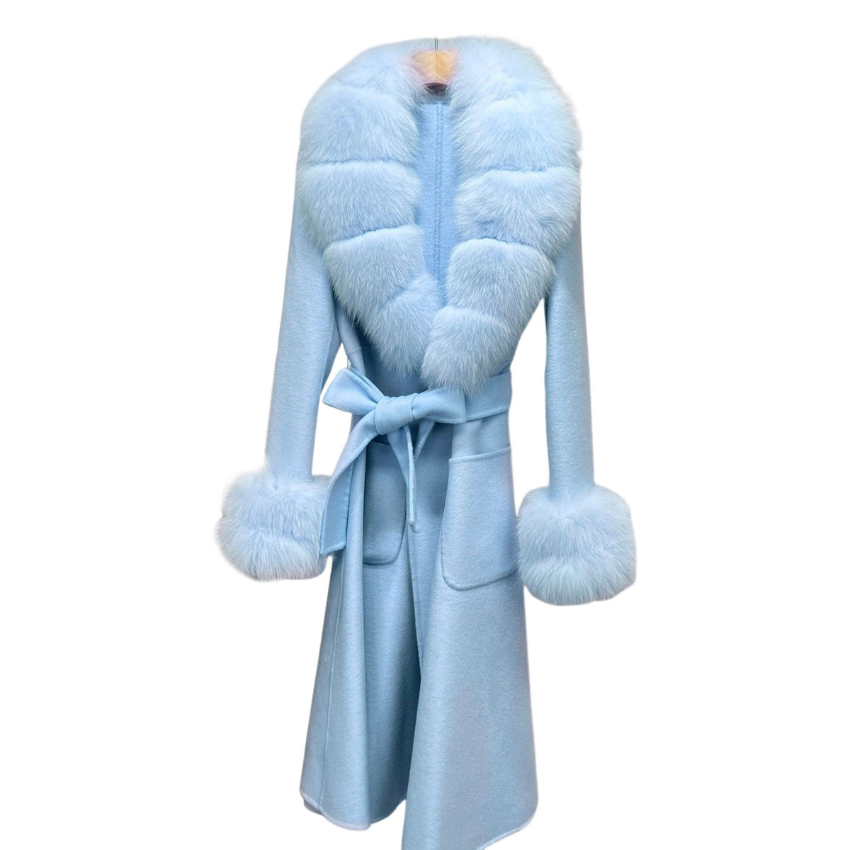 Petra Blue Fox Fur Trim Long Wool Wrap Coat - ALLARA