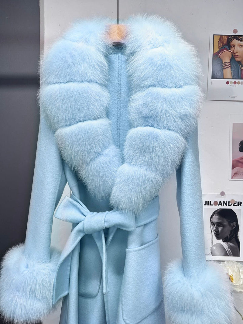 Petra Blue Fox Fur Trim Long Wool Wrap Coat - ALLARA