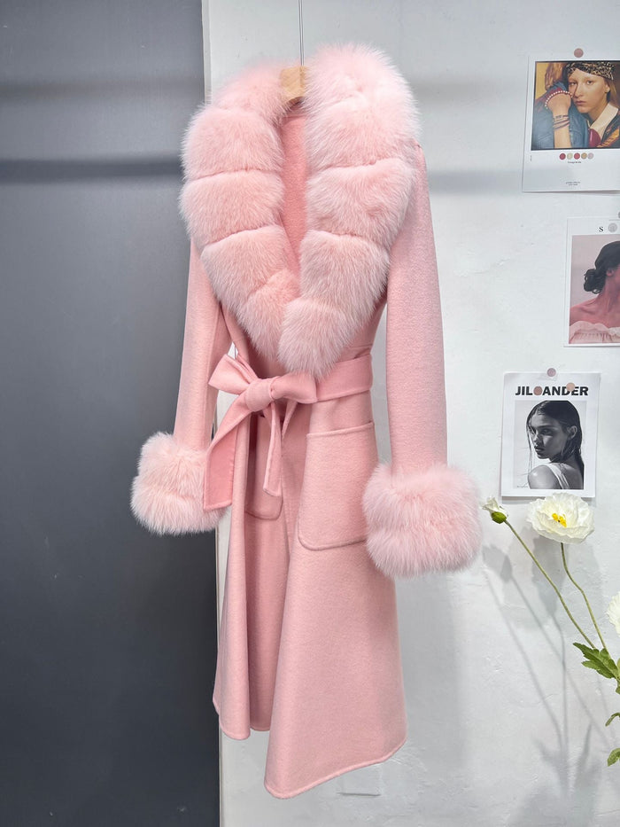 Petra Pink Fox Fur Trim Long Wool Wrap Coat - ALLARA