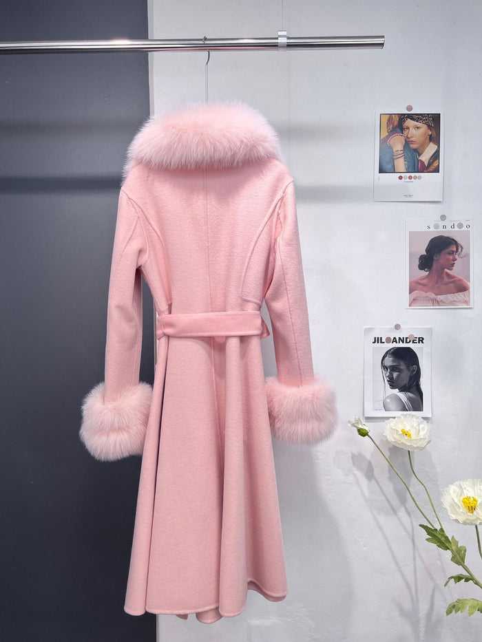 Petra Pink Fox Fur Trim Long Wool Wrap Coat - ALLARA