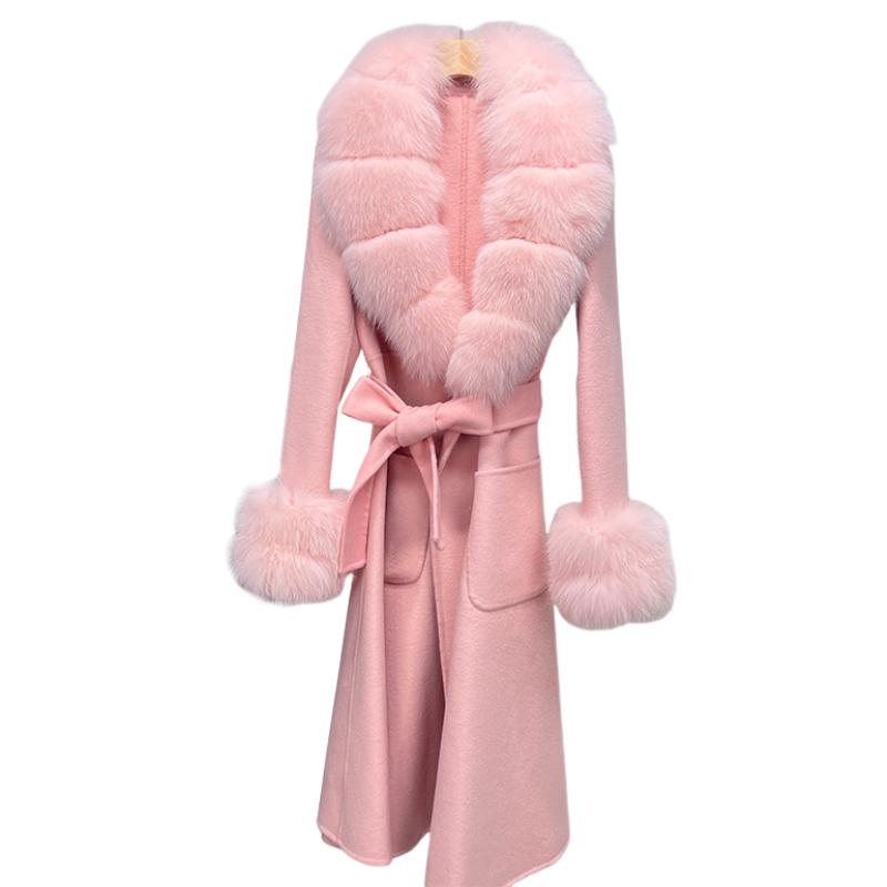 Petra Pink Fox Fur Trim Long Wool Wrap Coat - ALLARA