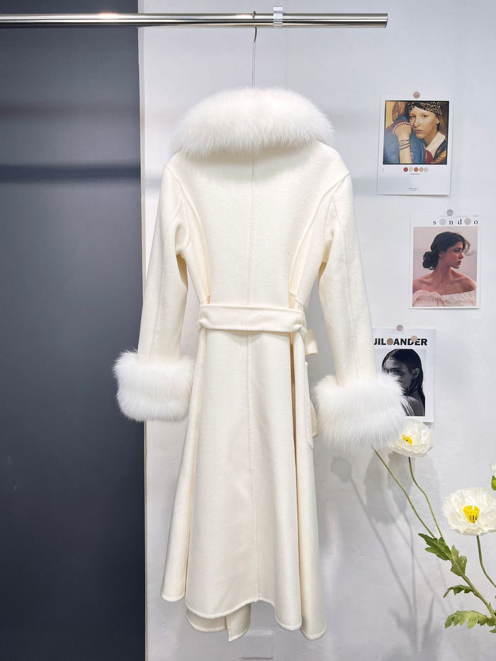 Petra White Fox Fur Trim Long Wool Wrap Coat - ALLARA