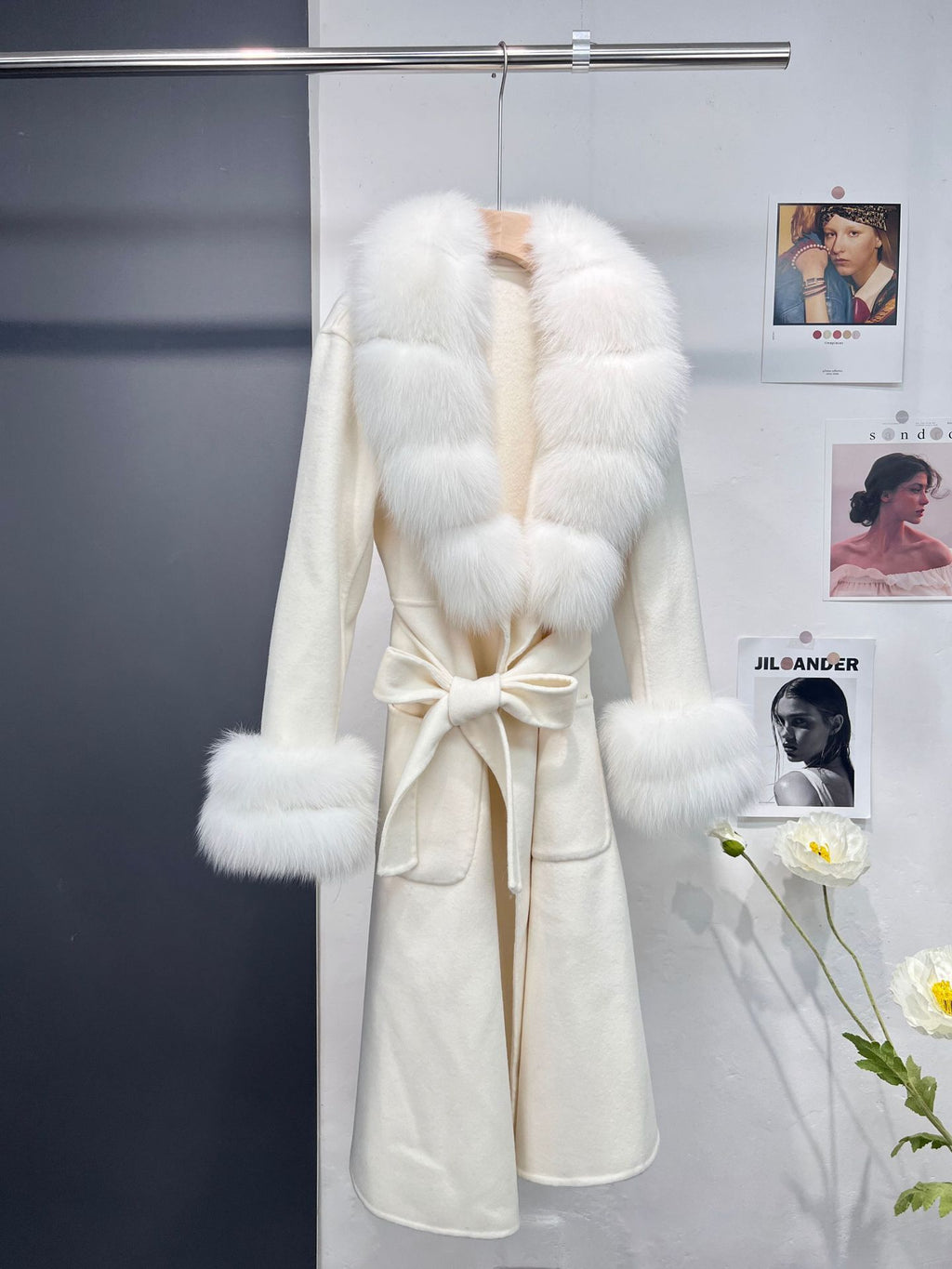 Petra White Fox Fur Trim Long Wool Wrap Coat - ALLARA