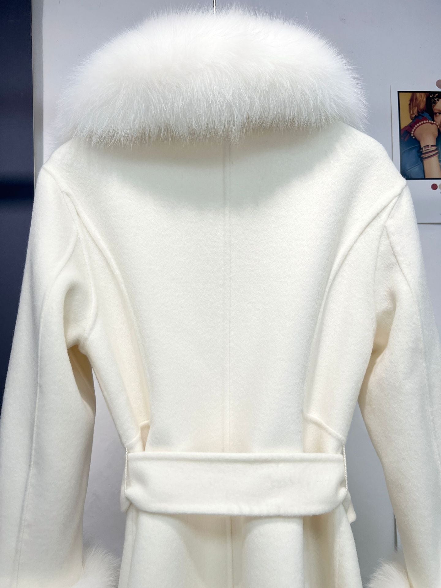 Petra White Fox Fur Trim Long Wool Wrap Coat - ALLARA