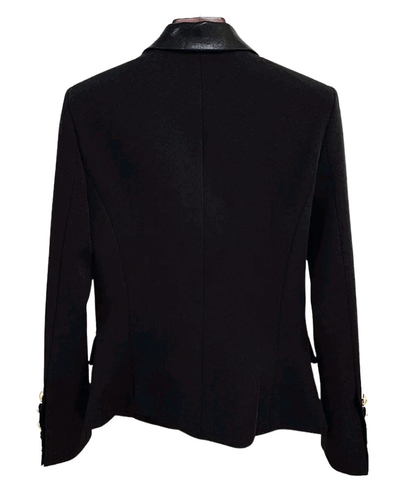 Remi Black PU Leather Trim Double Breasted Blazer - ALLARA