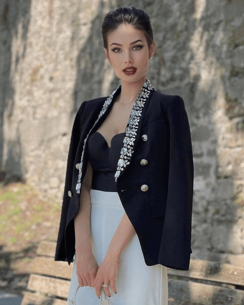 Rita Black Rhinestone Trim Double Breasted Blazer - ALLARA