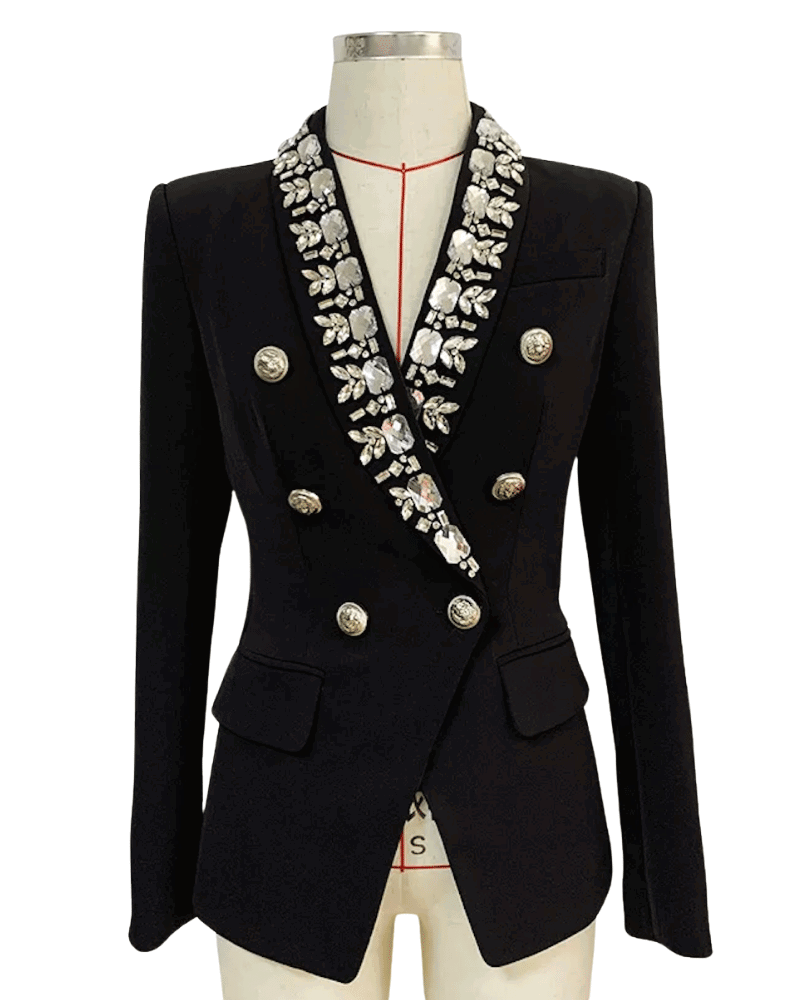 Rita Black Rhinestone Trim Double Breasted Blazer - ALLARA