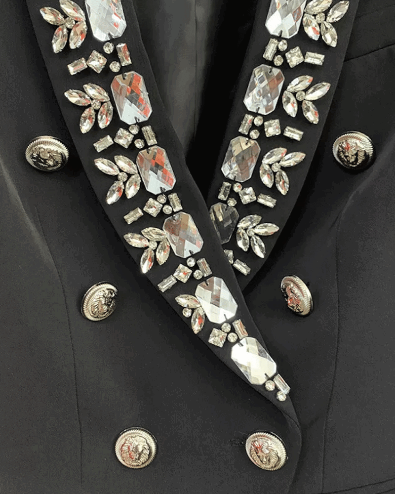 Rita Black Rhinestone Trim Double Breasted Blazer - ALLARA