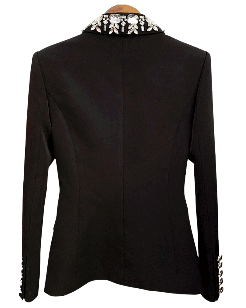 Rita Black Rhinestone Trim Double Breasted Blazer - ALLARA