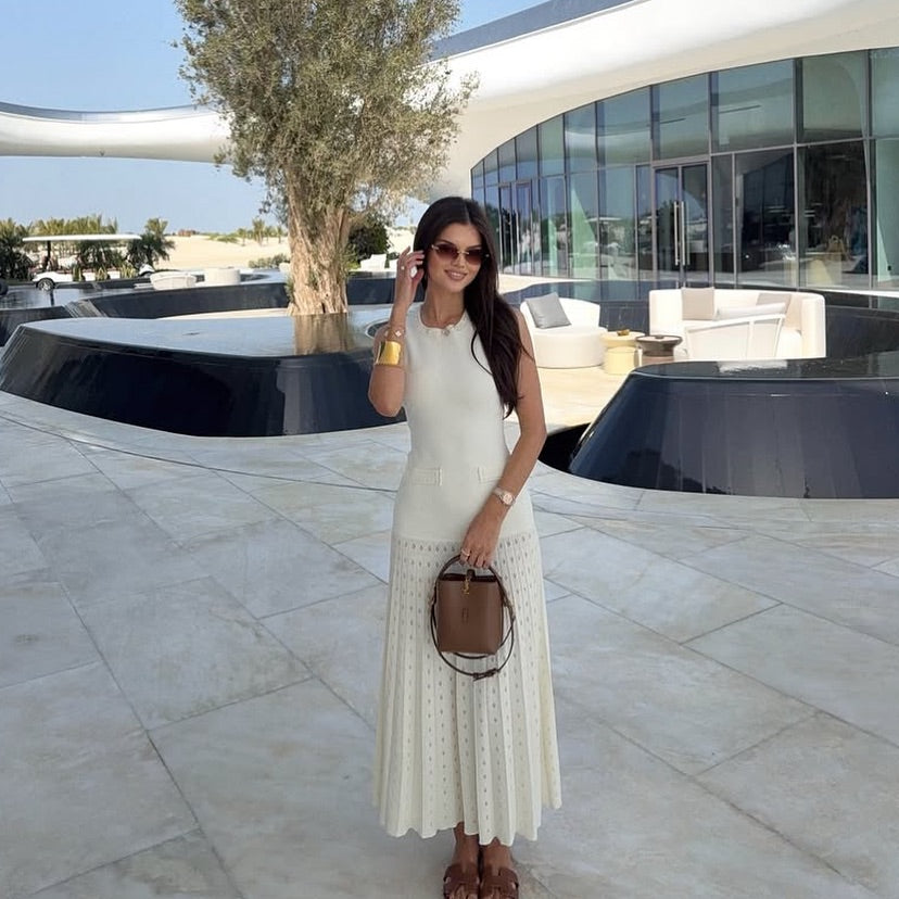 Molly Sleeveless Pearl Round Neck Knit Midi Dress