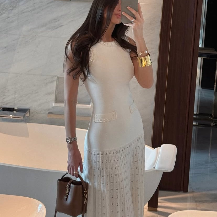 Molly Sleeveless Pearl Round Neck Knit Midi Dress