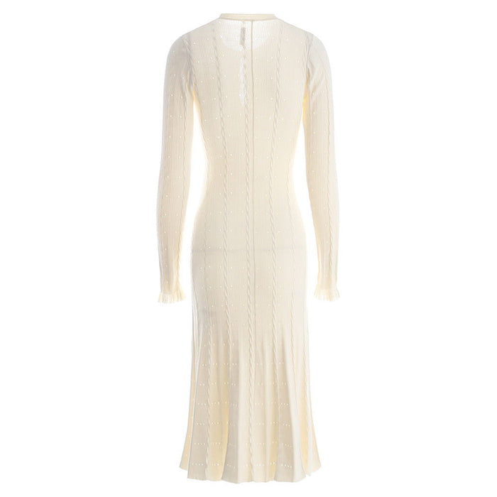 Round Neck Long Sleeves Knitted Ribbed Dress - ALLARA