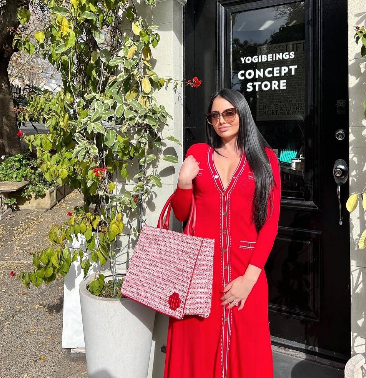 Adriana Red Knit Midi Dress with V-Neck and Contrast Stitching - Allara Red / L Adriana Red Knit Midi Dress with V-Neck and Contrast Stitching - Allara Red / L