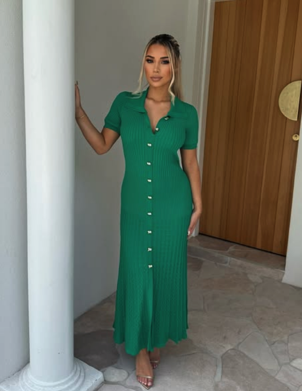 Zariah Short Sleeve Button Up Knit Midi Dress