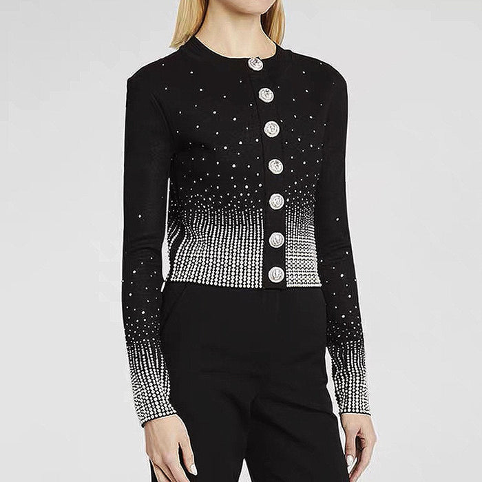 Selene Black Rhinestone Button Up Knit Cardigan - ALLARA