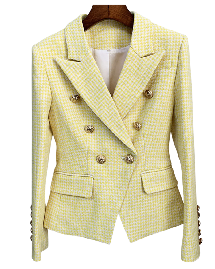 Shalia Yellow Houndstooth Double Breasted Blazer - ALLARA