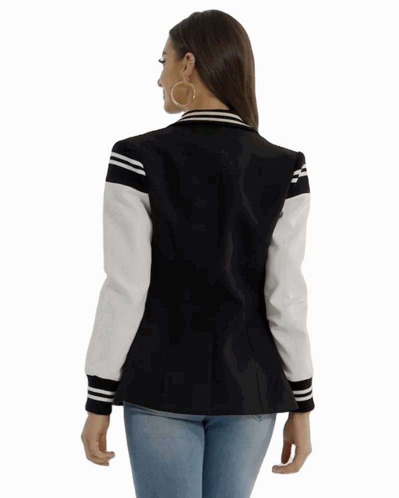 Shannon Varsity PU Leather Double Breasted Blazer - ALLARA