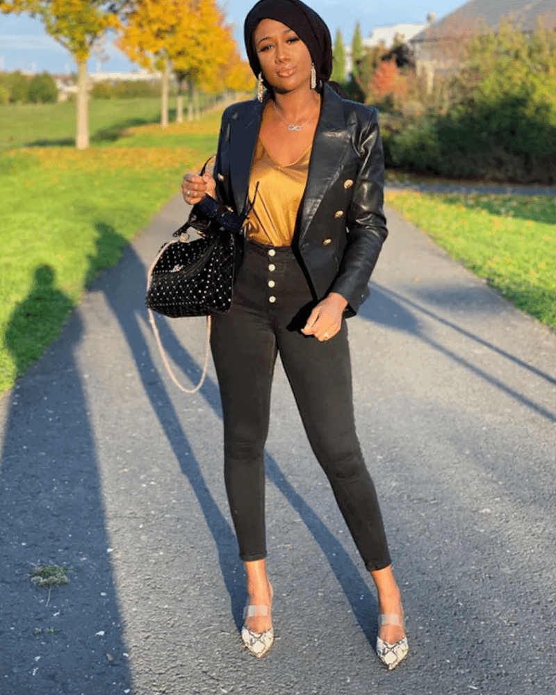 Sloane Black PU Leather Double Breasted Blazer - ALLARA