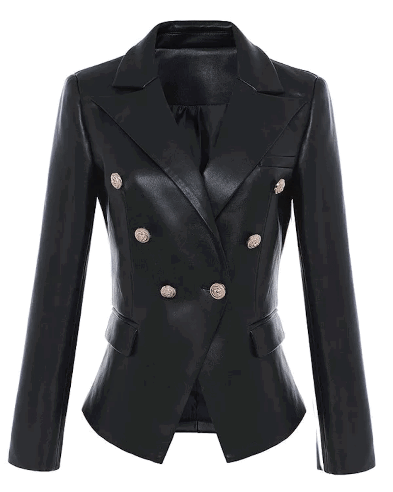 Sloane Black PU Leather Double Breasted Blazer - ALLARA
