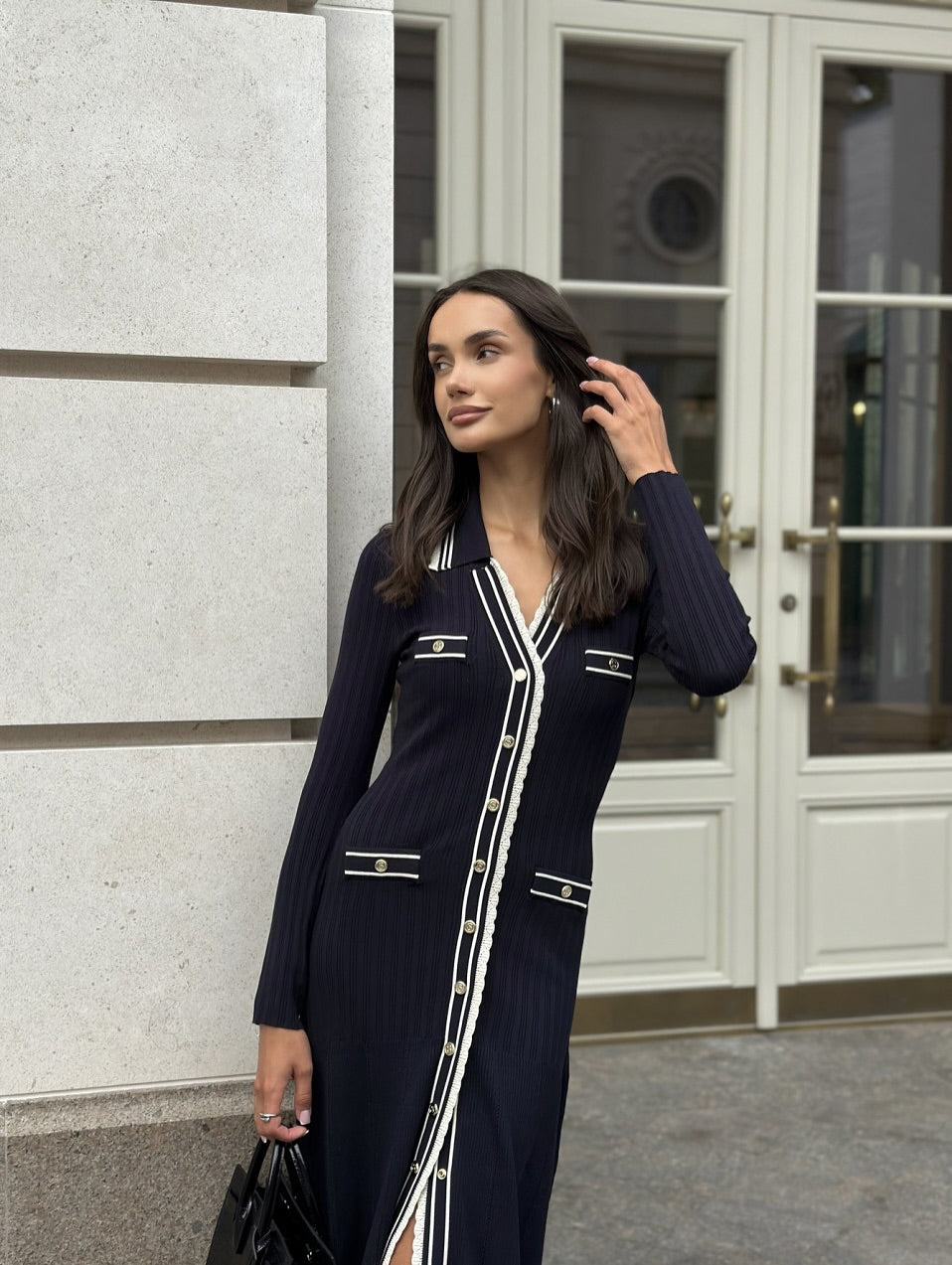 Lucia Knit Midi Dress with Contrast Lapel Collar