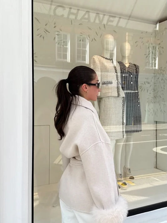 Giselle Wool Wrap Coat with Faux Fur Cuffs