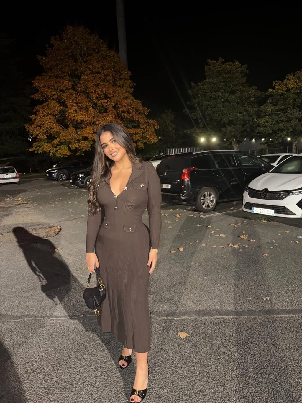 Lola V-Neck Knit Midi Dress with Flared Hem