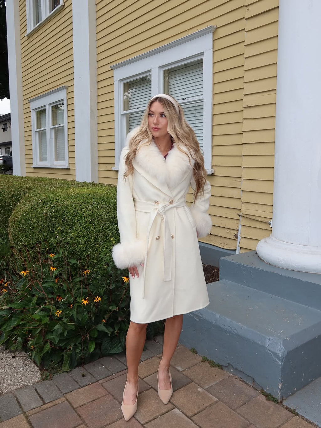 Naomi Wool Pea Coat with Detachable Fox Fur Collar and Cuffs