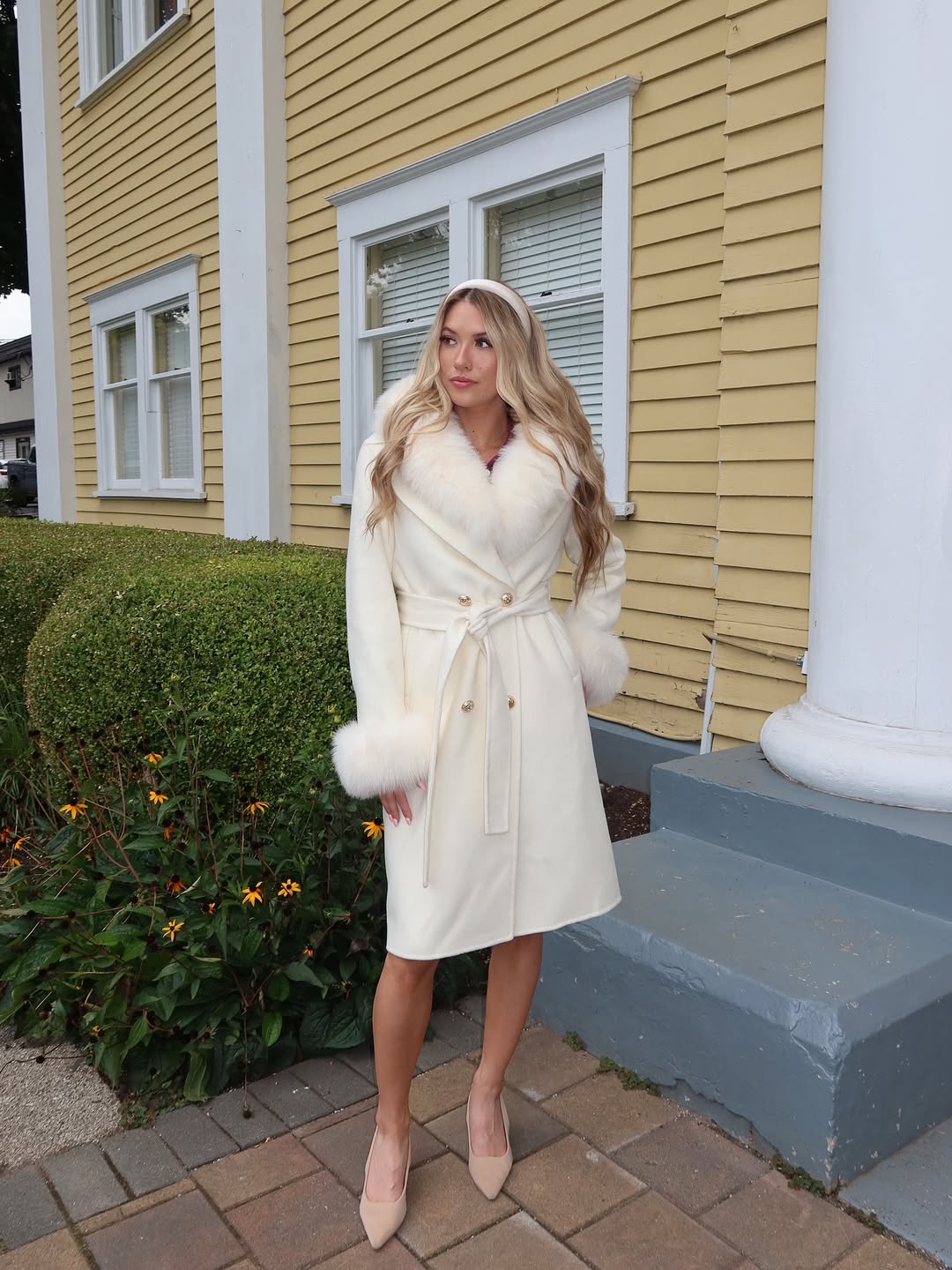 Naomi Wool Pea Coat with Detachable Fox Fur Collar and Cuffs