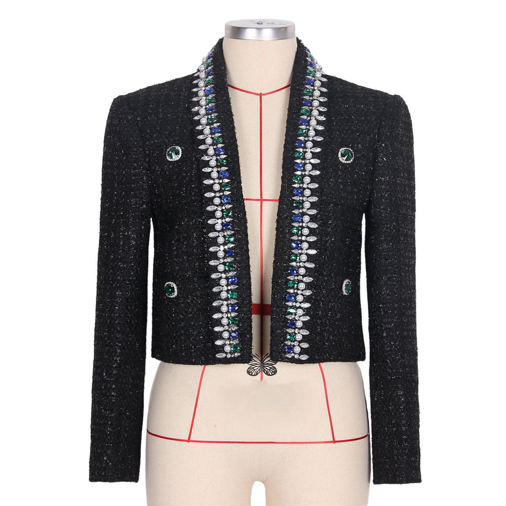 Thalia Black Tweed Rhinestone Jacket - ALLARA