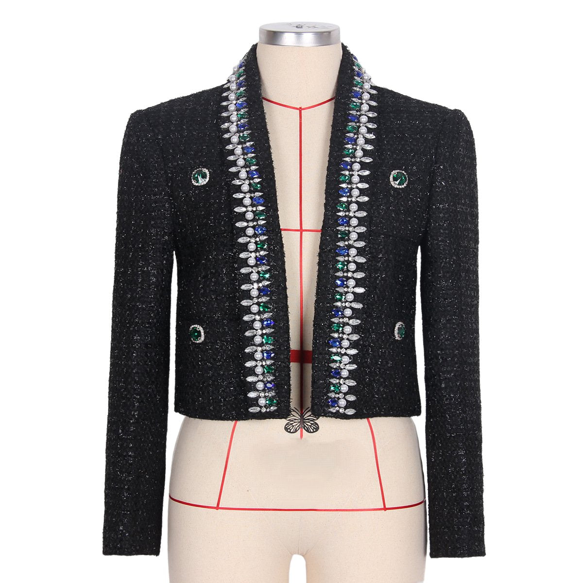 Thalia Black Tweed Rhinestone Jacket - ALLARA