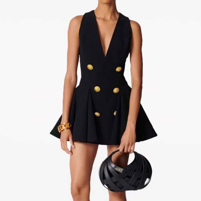 V Neck Golden Button Embellished Mini Dress Sleeveless Dress - ALLARA