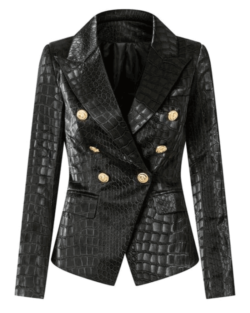 Whitney Black Faux Croc PU Leather Blazer - ALLARA