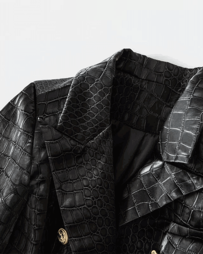 Whitney Black Faux Croc PU Leather Blazer - ALLARA