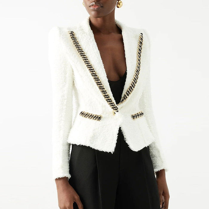 Women Chain Trimmed Tweed Blazer Jacket - ALLARA