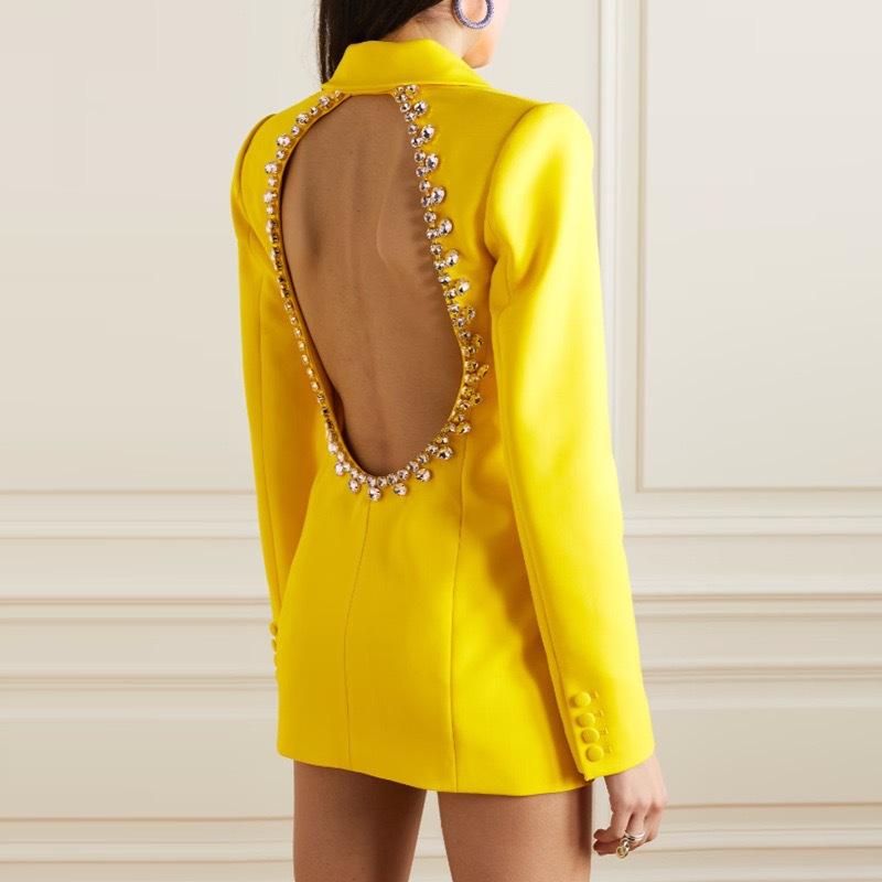 Xiomara Hollow Back Rhinestone Trim Yellow Long Blazer - ALLARA