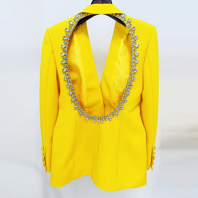 Xiomara Hollow Back Rhinestone Trim Yellow Long Blazer - ALLARA