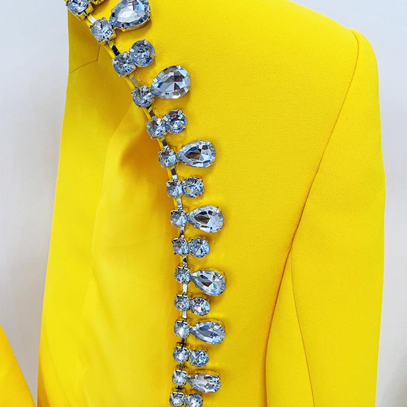 Xiomara Hollow Back Rhinestone Trim Yellow Long Blazer - ALLARA