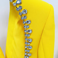 Xiomara Hollow Back Rhinestone Trim Yellow Long Blazer - ALLARA