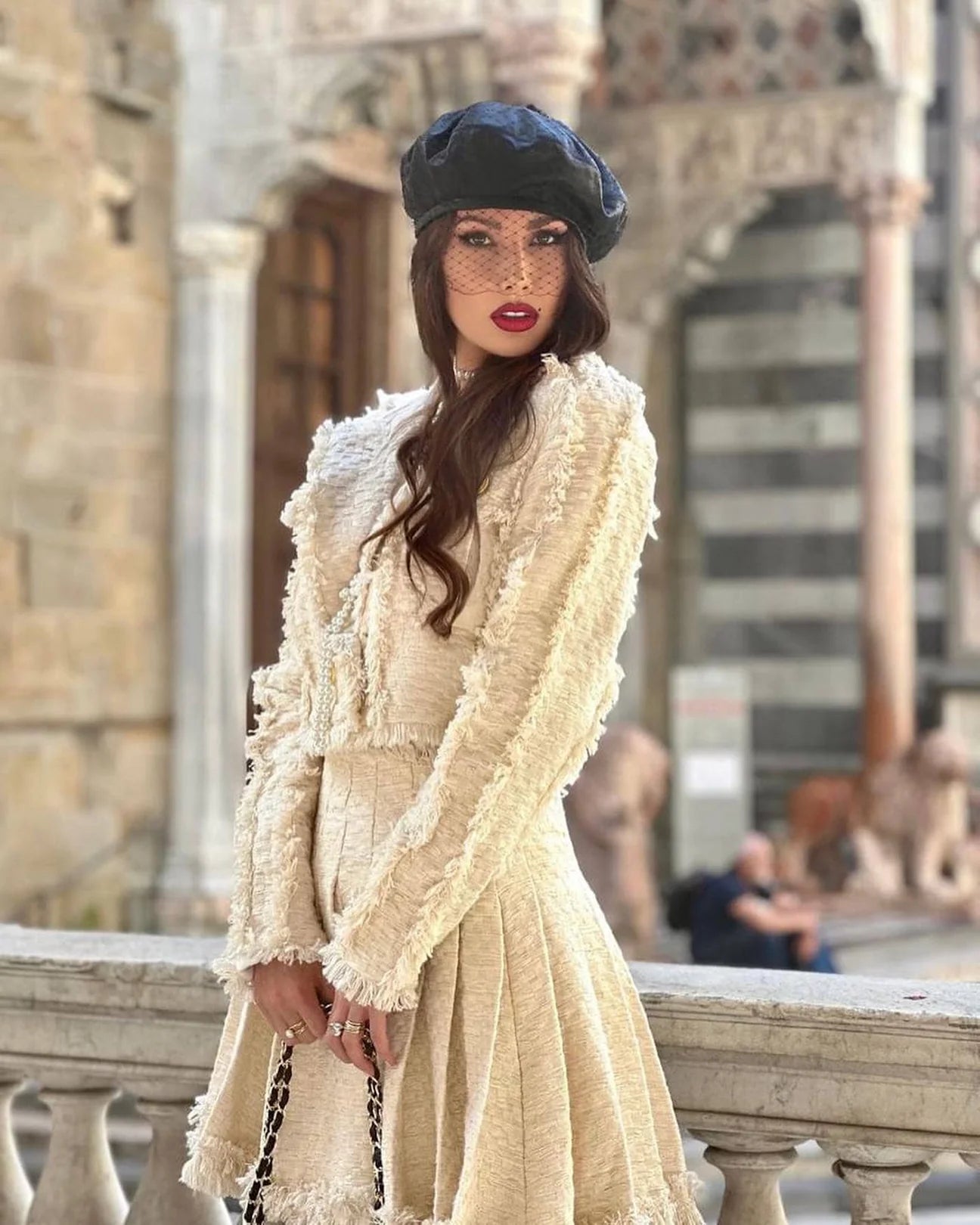 Ysabel Beige Tweed Fringe Jacket & Skirt Two Piece Set - ALLARA