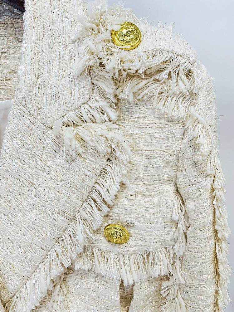 Ysabel Beige Tweed Fringe Jacket & Skirt Two Piece Set - ALLARA